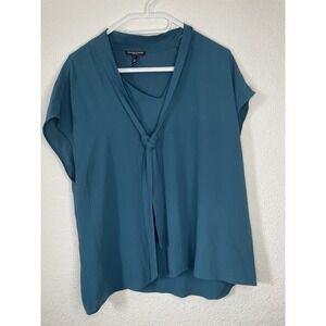 EILEEN FISHER Stretch Silk Top V-Neck Short Sleeve Teal Blue Sz PL (P71)‎
